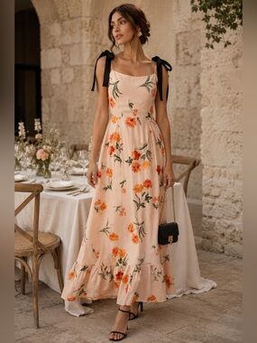 Gianni Bini Floral Tie-Shoulder Maxi Dress | Linen Blend Dress | Size Small